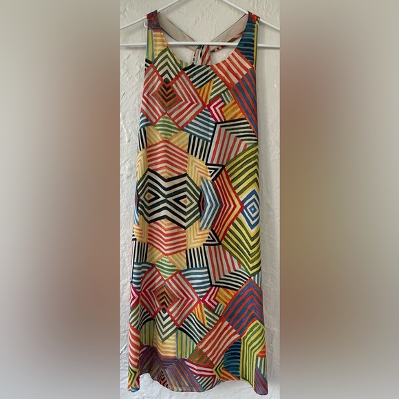 Alice + Olivia Geometric Stripe Dress Mini Halter Multicolor Print Shift; size L - Picture 1 of 7